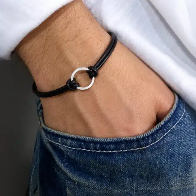N2982 Bracelet homme anneau fin Argent 925 massif cordon cuir - Bijoux bracelets hommes femmes en ligne Ninanina