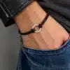 N2982a Bracelet homme anneau fin Argent 925 massif cordon cuir - Bijoux bracelets hommes femmes en ligne Ninanina