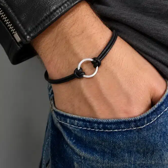 N2982a Bracelet homme anneau fin Argent 925 massif cordon cuir - Bijoux bracelets hommes femmes en ligne Ninanina