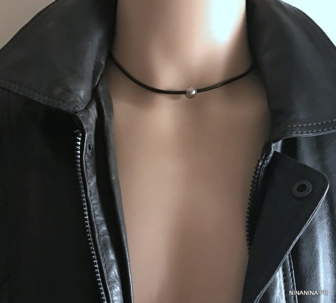 N2983a Collier boule homme cuir Acier inoxydable argent - Bijoux Colliers en ligne Ninanina