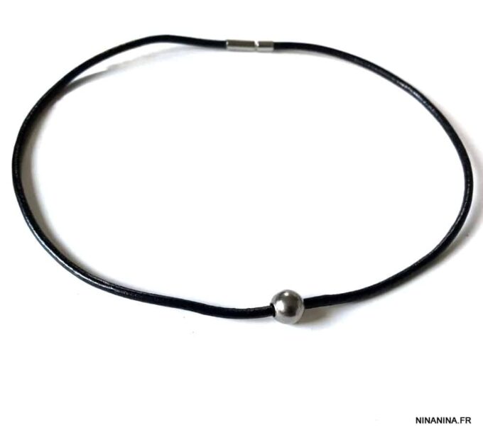 N2983b Collier boule homme cuir Acier inoxydable argent - Bijoux Colliers en ligne Ninanina
