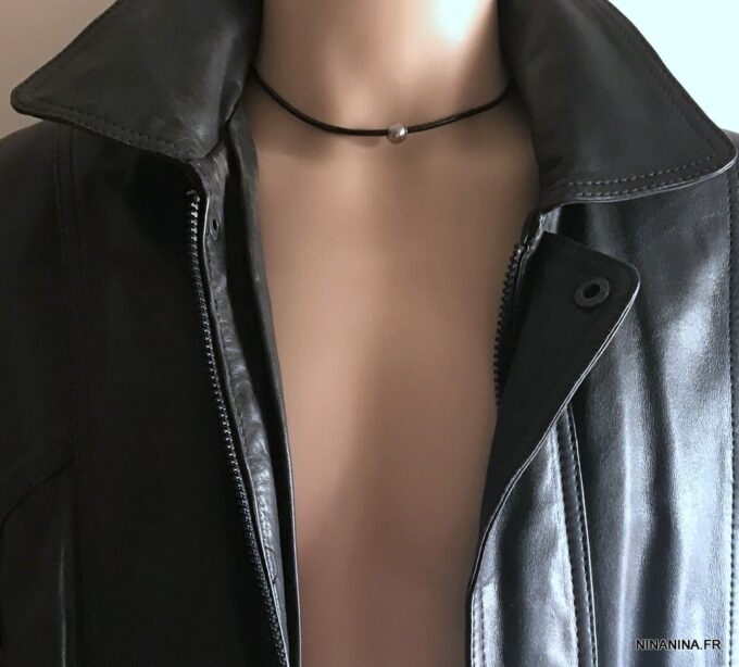 N2983c Collier boule homme cuir Acier inoxydable argent - Bijoux Colliers en ligne Ninanina