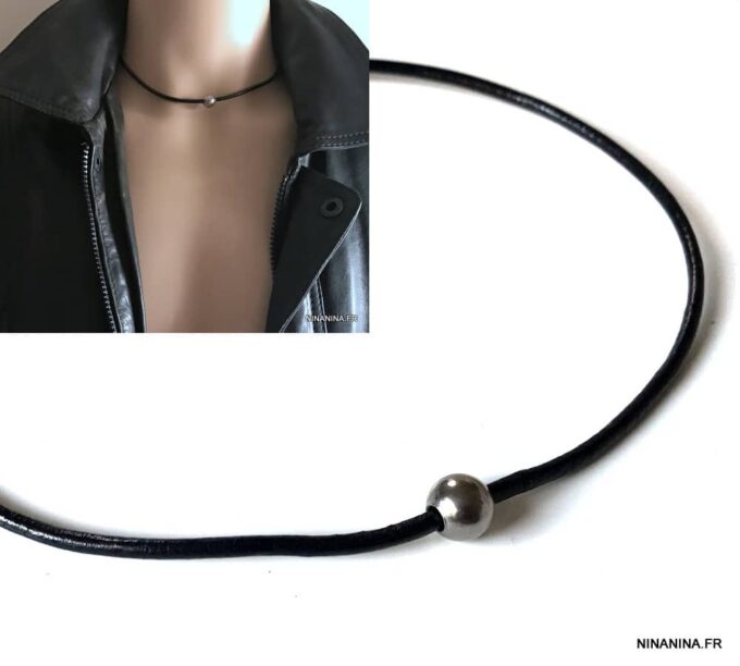 N2983d Collier boule homme cuir Acier inoxydable argent - Bijoux Colliers en ligne Ninanina