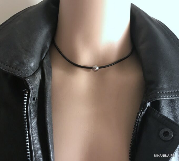 N2983e Collier boule homme cuir Acier inoxydable argent - Bijoux Colliers en ligne Ninanina