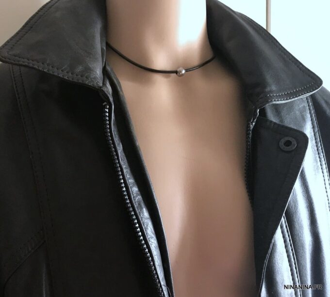 N2983f Collier boule homme cuir Acier inoxydable argent - Bijoux Colliers en ligne Ninanina