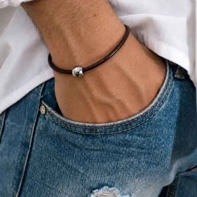 N2984 Bracelet homme cordon cuir boule acier inoxydable argenté - Bijoux bracelets hommes femmes en ligne Ninanina