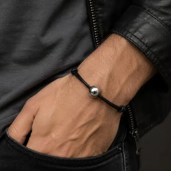N2988a Bracelet homme cordon cuir boule Acier inoxydable argent - Bijoux bracelets hommes en ligne Ninanina