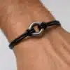 N2990 Bracelet homme cuir disque bombé Acier inoxydable argenté - Bijoux bracelets hommes en ligne Ninanina