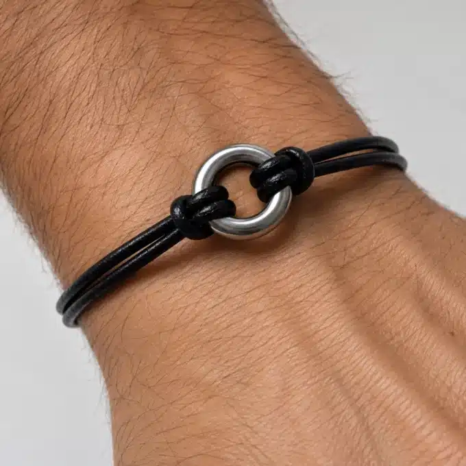 N2990 Bracelet homme cuir disque bombé Acier inoxydable argenté - Bijoux bracelets hommes en ligne Ninanina