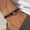 N2990a Bracelet homme cuir disque bombé Acier inoxydable argenté - Bijoux bracelets hommes en ligne Ninanina