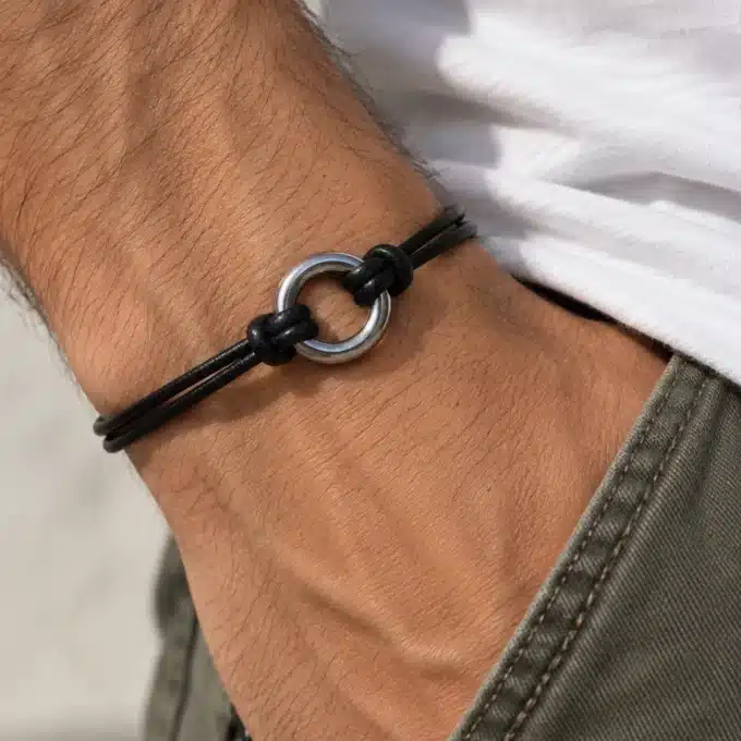 N2990a Bracelet homme cuir disque bombé Acier inoxydable argenté - Bijoux bracelets hommes en ligne Ninanina