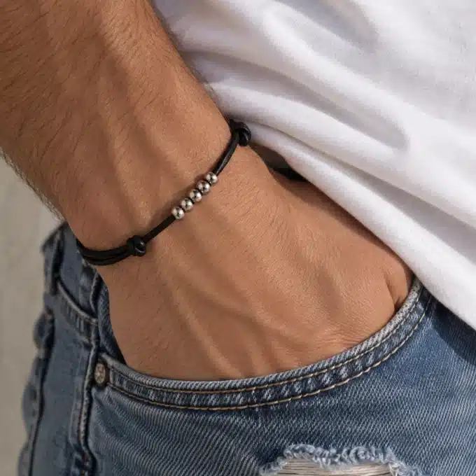 N2991 Bracelet cordon cuir perles plates acier inoxydable argenté réglable - Bijoux bracelets hommes en ligne Ninanina