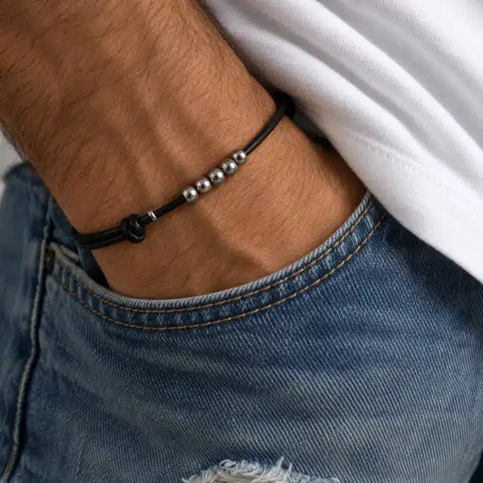 N2991a Bracelet cordon cuir perles plates acier inoxydable argenté réglable - Bijoux bracelets hommes en ligne Ninanina