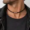 N2992 Collier homme cordon cuir perles plates Acier inoxydable argenté - Bijoux colliers hommes en ligne Ninanina