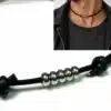 N2992a Collier homme cordon cuir perles plates Acier inoxydable argenté - Bijoux colliers hommes en ligne Ninanina