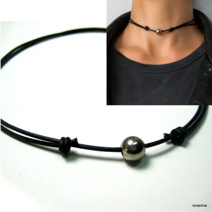 N2993 Collier homme boule Acier inoxydable argenté cordon cuir réglable - Bijoux colliers hommes en ligne Ninanina