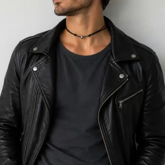 N2993a Collier homme boule Acier inoxydable argenté cordon cuir réglable - Bijoux colliers hommes en ligne Ninanina