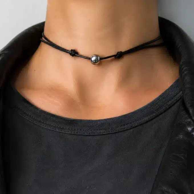 N2993b Collier homme boule Acier inoxydable argenté cordon cuir réglable - Bijoux colliers hommes en ligne Ninanina