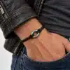 N3005 Bracelet homme anneau ovale acier inoxydable cordon cuir - Bijoux bracelets hommes en ligne Ninjanina