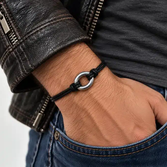 N3005 Bracelet homme anneau ovale acier inoxydable cordon cuir - Bijoux bracelets hommes en ligne Ninjanina