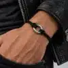 N3005a Bracelet homme anneau ovale acier inoxydable cordon cuir - Bijoux bracelets hommes en ligne Ninjanina