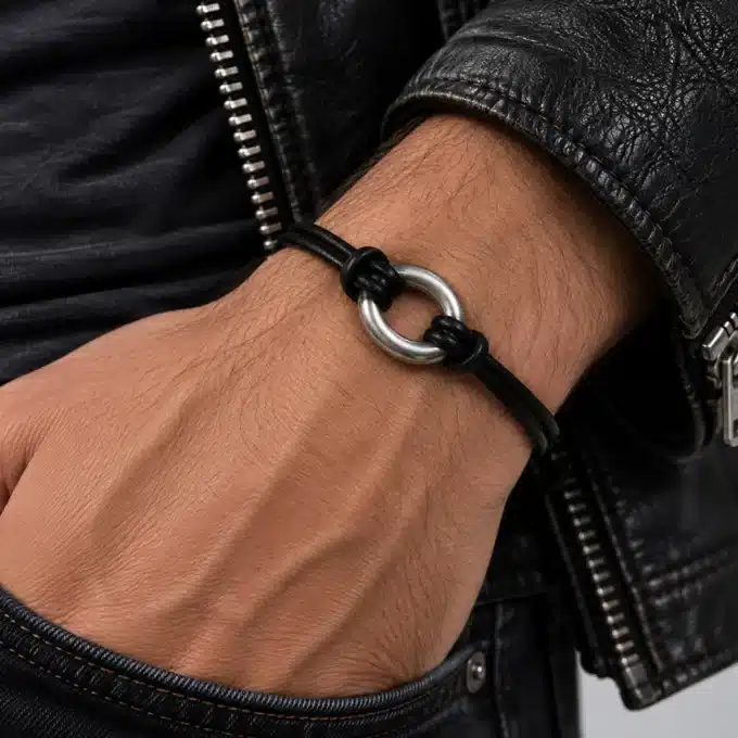 N3005a Bracelet homme anneau ovale acier inoxydable cordon cuir - Bijoux bracelets hommes en ligne Ninjanina