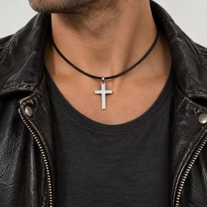 N3008 Collier homme avec pendentif croix Acier inoxydable cordon cuir - Bijoux colliers hommes en ligne Ninanina