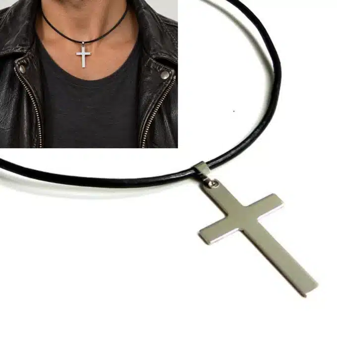 N3008e Collier homme avec pendentif croix Acier inoxydable cordon cuir - Bijoux colliers hommes en ligne Ninanina