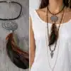 N3009 Collier Femme Fantaisie Pendentif Rond Et Plumes Cordon Cuir - Bijoux colliers femmes en ligne Ninanina