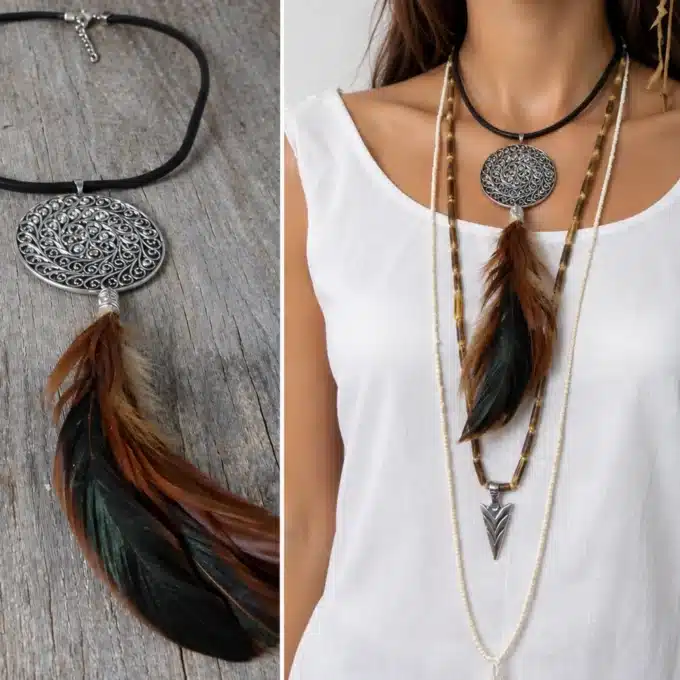 N3009 Collier Femme Fantaisie Pendentif Rond Et Plumes Cordon Cuir - Bijoux colliers femmes en ligne Ninanina
