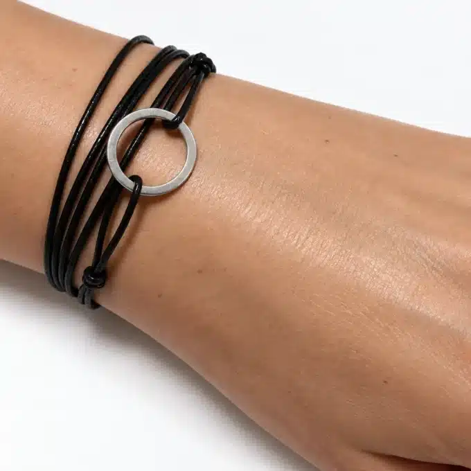 N3012 Bracelet femme anneau Argent 925 cordon cuir à enrouler - Bijoux bracelets femmes en ligne Ninanina