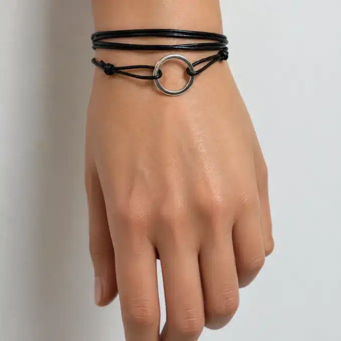 N3012a Bracelet femme anneau Argent 925 cordon cuir à enrouler - Bijoux bracelets femmes en ligne Ninanina