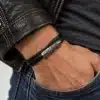 N30147 Bracelet 3 tours tube filigrané argenté lacet cuir et fermoir acier - Bijoux bracelets hommes en ligne Ninanina