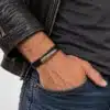 N30147a Bracelet 3 tours tube filigrané argenté lacet cuir et fermoir acier - Bijoux bracelets hommes en ligne Ninanina