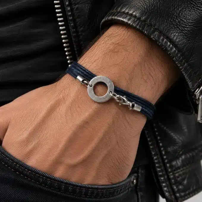 N3016a Bracelet Homme 3 tours Cible Argent 925 massif sur cordon - Bijoux bracelets hommes en ligne Ninanina