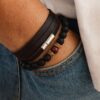 N3031 Bracelet homme artisanal - lacet cuir plat 3 tours fermoir cylindrique Acier Inoxydable - Bijoux bracelets hommes en ligne Ninanina