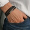 N3031c Bracelet homme artisanal - lacet cuir plat 3 tours fermoir cylindrique Acier Inoxydable - Bijoux bracelets hommes en ligne Ninanina