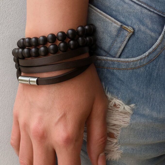 N3031d Bracelet homme artisanal - lacet cuir plat 3 tours fermoir cylindrique Acier Inoxydable - Bijoux bracelets hommes en ligne Ninanina