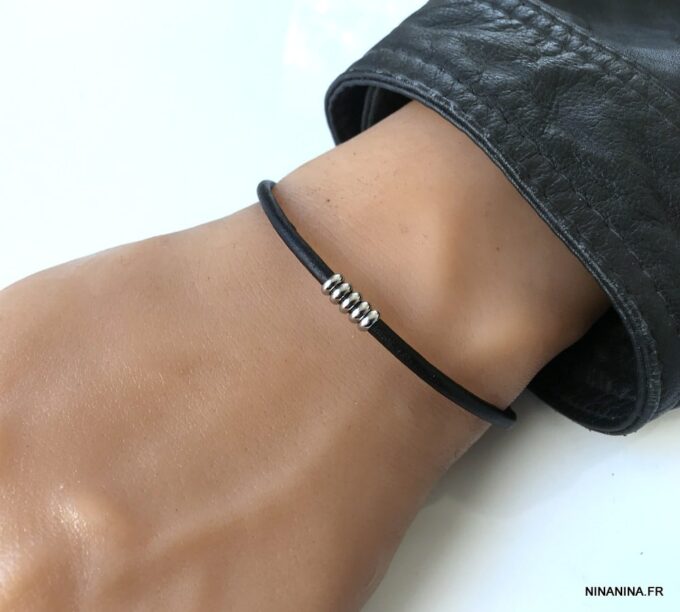 N3035 Bracelet cuir fin homme rondelles Acier inoxydable - Bijoux Bracelets en ligne Ninanina