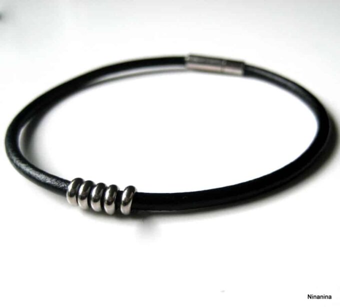 N3035 bracelet homme cuir et acier inoxydable