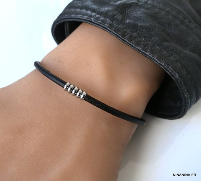 N3035a Bracelet cuir fin homme rondelles Acier inoxydable - Bijoux Bracelets en ligne Ninanina