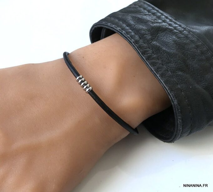 N3035b Bracelet cuir fin homme rondelles Acier inoxydable - Bijoux Bracelets en ligne Ninanina