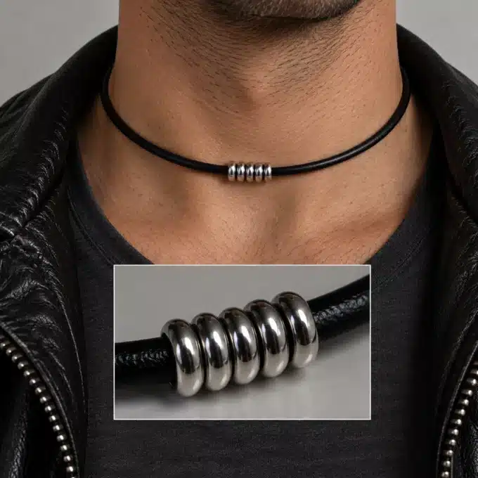 N3036 Collier homme rondelles Acier inoxydable cordon cuir - Bijoux colliers hommes en ligne Ninanina