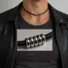 N3036a Collier homme rondelles Acier inoxydable cordon cuir - Bijoux colliers hommes en ligne Ninanina