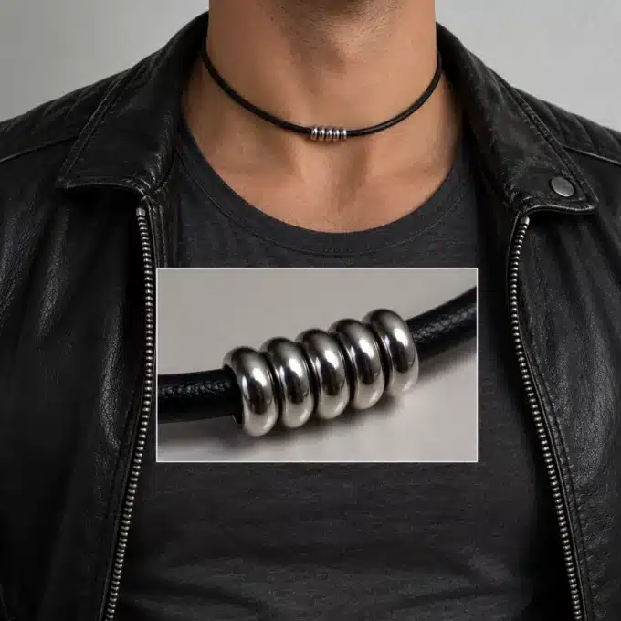 N3036a Collier homme rondelles Acier inoxydable cordon cuir - Bijoux colliers hommes en ligne Ninanina