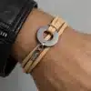 N3037 Bracelet homme cible 2 tours cuir acier inoxydable argenté - Bijoux bracelets hommes en ligne Ninanina