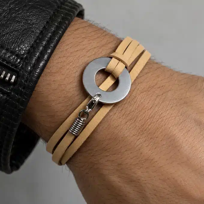 N3037 Bracelet homme cible 2 tours cuir acier inoxydable argenté - Bijoux bracelets hommes en ligne Ninanina