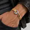 N3037a Bracelet homme cible 2 tours cuir acier inoxydable argenté - Bijoux bracelets hommes en ligne Ninanina