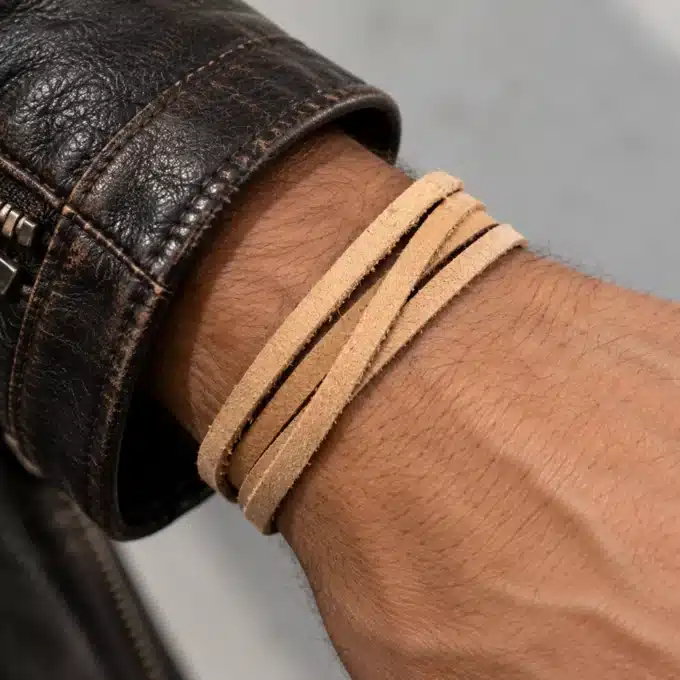 N3037b Bracelet homme cible 2 tours cuir acier inoxydable argenté - Bijoux bracelets hommes en ligne Ninanina