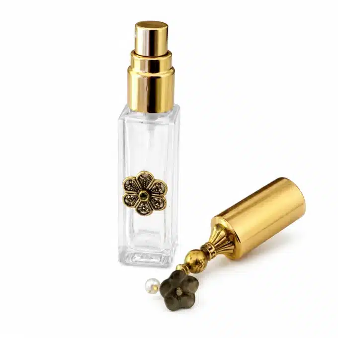 N303a Atomiseur flacon de parfum rechargeable métal doré et fleurs - Accessoires femmes en ligne Ninanina